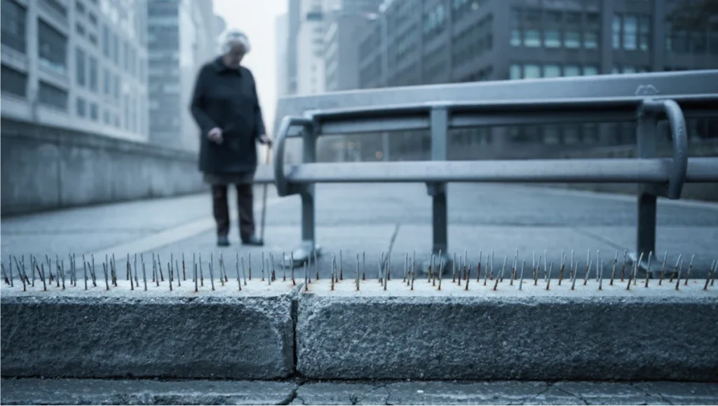 Close-up of hostile architecture metal spikes and divided bench on a brutalist concrete urban sidewalk, illustrating defensive design and anti-homeless architecture in modern city public spaces.