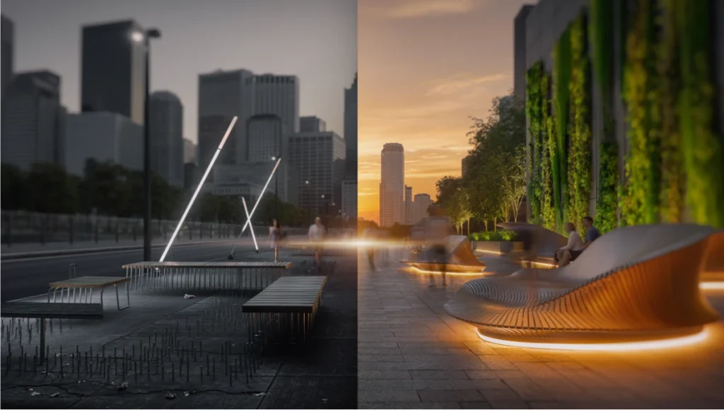 Examine how defensive urbanism shapes our cities. This hostile architecture analysis reveals the hidden impact of exclusionary design on public accessibility.