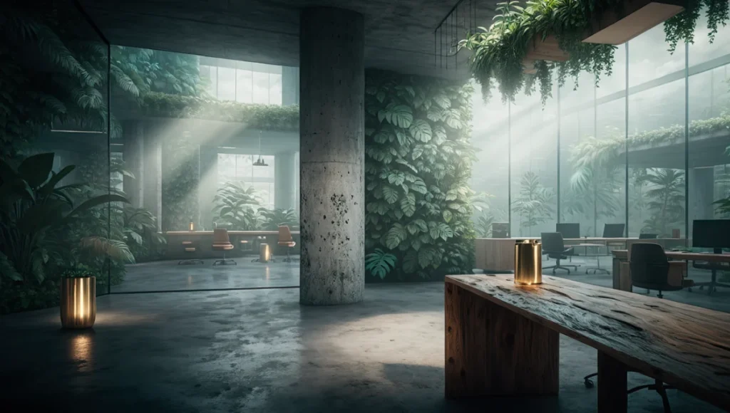 Cinematic interior architectural photography of biophilic workspace in Nuvira Space Aethelgard project, Singapore vertical research hub with smart glass, lush vegetation integration, diffused natural lighting, raw concrete textures, volumetric effects, and precise Photoshop post-production for atmospheric depth and material realism in archviz.