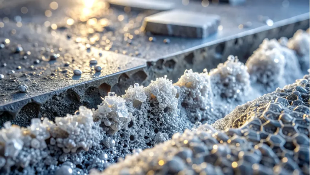 Ultra-realistic close-up architectural photograph of graphene-enhanced concrete cross-section showing nano-scale molecular reinforcement, denser C-S-H crystals, graphene nanoplatelets bridging micro-cracks for superior compressive and flexural strength in resilient sustainable architecture.
