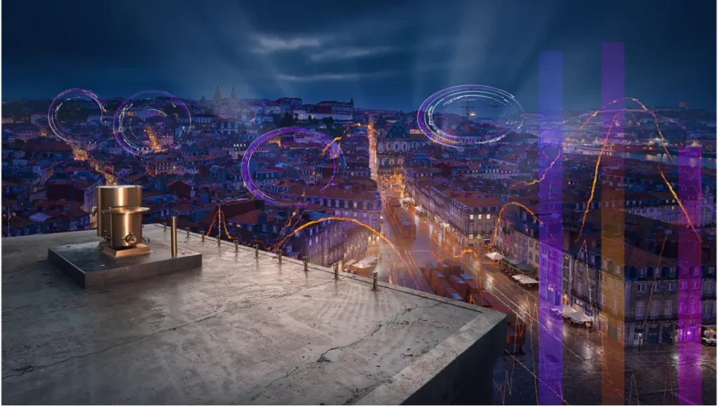 Urban data visualization overlay on European port city at blue hour — thermal heatmap, transit isochrones, and vector flow architecture mapped onto dense city fabric, aerial architectural photography, smart city GIS data rendering, AIA design for ecology visualization