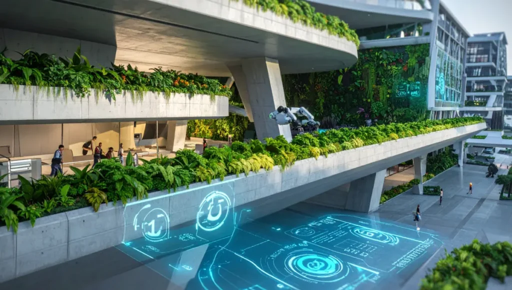 Photorealistic visualization of Nuvira Space Flux-Grit 01 bio-tech hub Singapore adaptive reuse project, AR-assisted workers and robotic fabricators on carbon-negative concrete with biophilic plant walls and holographic sensor overlays, demonstrating futuristic spatial computing in high-density regenerative architecture and precision construction.