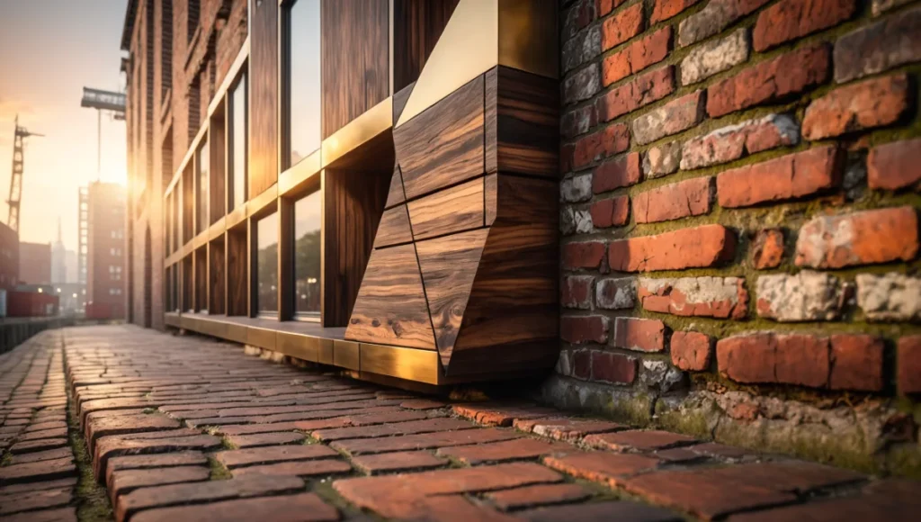Ultra-realistic photogrammetry-based digital twin visualization of Nuvira Space's Rotterdam Nexus project: modular timber infill integrated into historic weathered brick industrial facade in Rotterdam port district, golden hour architectural photography with precise materiality, tilt-shift lens, high-fidelity reality capture for heritage refurbishment and carbon-neutral urban design.