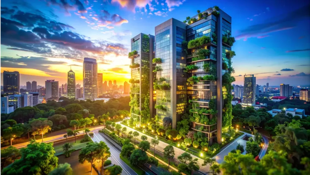 Ultra-realistic view of Nuvira Space NEURO-SYNC vertical tech-agronomy hub in Singapore, dynamic photo-reactive façade and integrated vertical gardens in a digital twin smart city building, golden hour architectural photography showcasing sustainable informed habitat design with real-time data overlays.