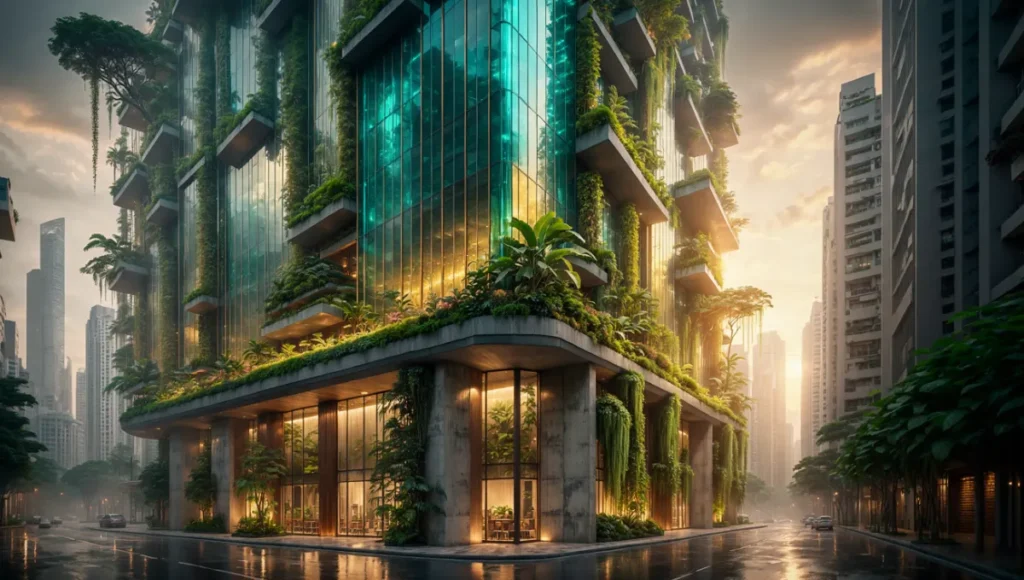 Ultra-realistic exterior architectural visualization of Nuvira Space's Aethelgard vertical biophilic research hub in Singapore Paya Lebar district, featuring smart glass facades with heat-reflective properties, integrated vertical greenery, passive cooling design, tropical golden hour lighting, high-fidelity archviz post-production composite emphasizing materiality and atmospheric depth.