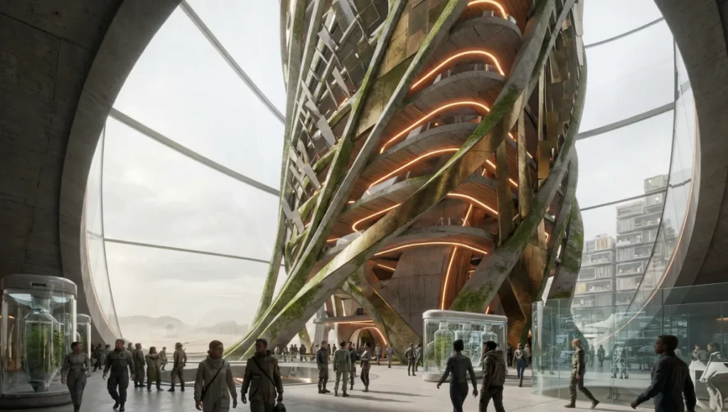 Ultra-realistic architectural photography of Nuvira Space's "Aether-Wing" skyscraper in Neom/The Line, through 24mm tilt-shift lens with cinematic lighting, highlighting Aero-Skin facade in raw concrete, brushed brass, and weathered oak with embedded HAQA sensors; showcases sustainable smart city architecture, kinetic design, carbon-scrubbing technology, and human-centered urban resilience.