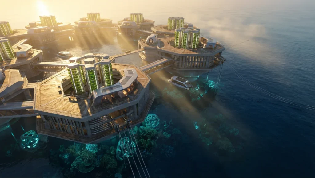Ultra-realistic architectural visualization of Nuvira Space NEXUS-01 floating city hub, hexagonal modular platform with biophilic coral integration, kinetic energy harvesting, vertical hydroponics, and AI-managed resilience in equatorial ocean at golden hour, sustainable maritime urbanism and floating cities viability concept.