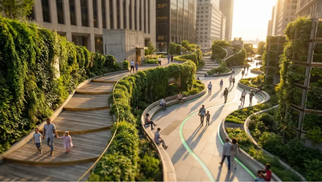 Ultra-realistic architectural rendering of Nuvira Space's Neural Arterial pedestrian-first urban pilot in Lower Manhattan, featuring bio-luminescent algae wayfinding, modular living sidewalk modules with gray-water filtration and living walls, car-free resilient street design emphasizing biophilic synthesis, acoustic buffering, micro-climatic conditioning, and human-centric 15-minute city principles for sustainable urban resilience and health-focused architecture.