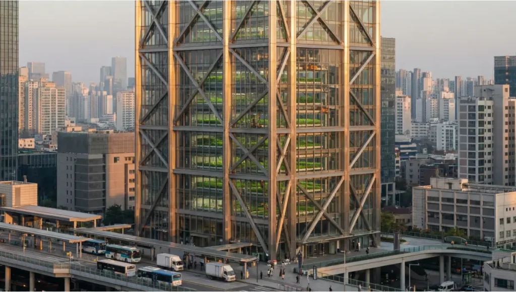 Ultra-realistic golden-hour photograph of a steel-structured urban farming skyscraper with visible hydroponic farms, highlighting high-tensile stainless steel exoskeleton and integrated vertical agriculture in a resilient high-rise design.