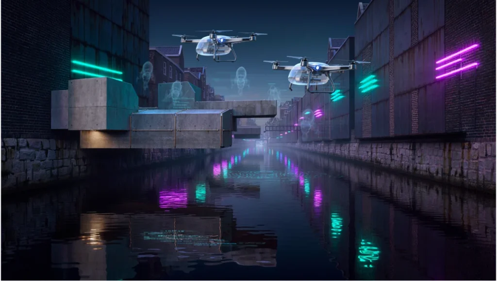 Nuvira Space NEO-CANALIS Amsterdam canal autonomous drone architecture — brutalist floating platforms in raw concrete and Cor-Ten steel, caustic neon light reflections on canal water, smart city water-borne logistics architectural visualization, post-automotive urban design concept, Dezeen-style editorial architectural photography