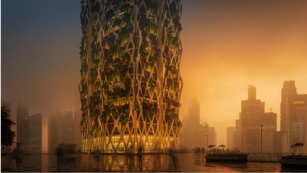 "Nuvira Space architectural concept render of The Vertical Canopy biophilic skyscraper in Singapore, featuring a 3D-printed ceramic exoskeleton facade with integrated vertical gardens, visualized using NVIDIA RTX 5090 GPU path tracing and subsurface scattering at golden hour"