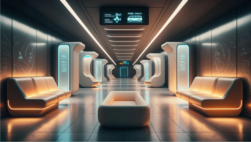 Nuvira Space Kinetic Hub concept — adaptive transit infrastructure with thermal-responsive seating, interactive HUD panels, and modular shelter pods, representing inclusive resilient urban design and anti-hostile architecture solutions.