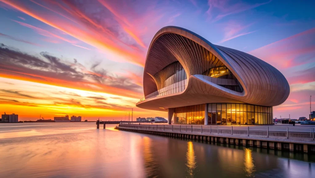 Ultra-realistic photograph of Nuvira Space Chronos-Envelope adaptive facade in Rotterdam, 4D-printed hygroscopic panels self-assembling and breathing in response to humidity, kinetic architecture with shape-memory polymers and living infrastructure for passive climate adaptation in maritime research hub.