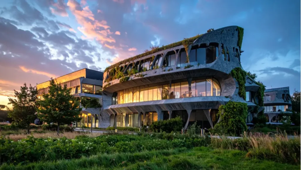 Ultra-realistic architectural photography of Nuvira Space "The Graphene Loom" futuristic vertical urban greenhouse high-rise in Copenhagen, 3D-printed graphene-enhanced concrete woven facade, parametric resilient structure with integrated greenery and energy-harvesting skin, sustainable nano-composite architecture for climate-adaptive urban development.