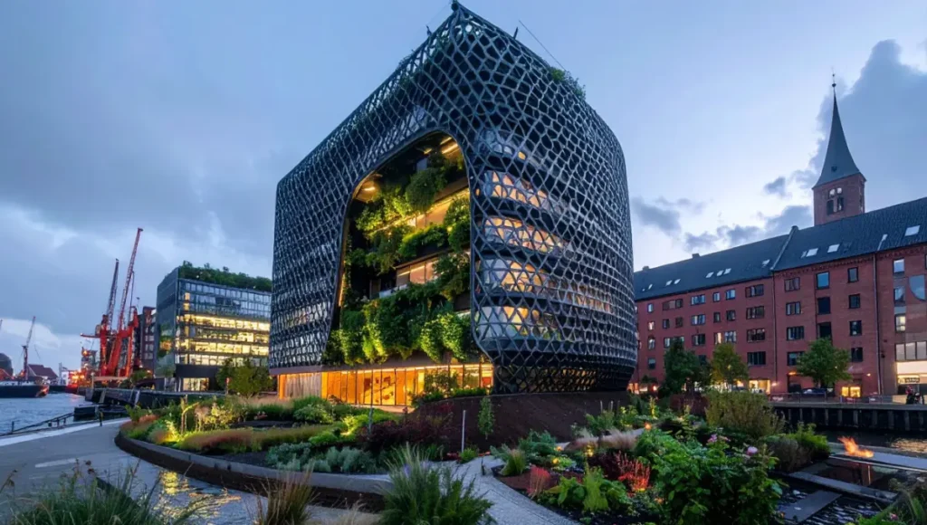 Ultra-realistic architectural rendering of Nuvira Space NEXUS-01 vertical urban farm research hub in Copenhagen harbor, robotic carbon fiber weaving structural skin, in-situ 3D printed earth base with bio-resin, dynamic LED integration, sustainable robotic fabrication architecture project emphasizing site-specific bio-materials and low-carbon design.