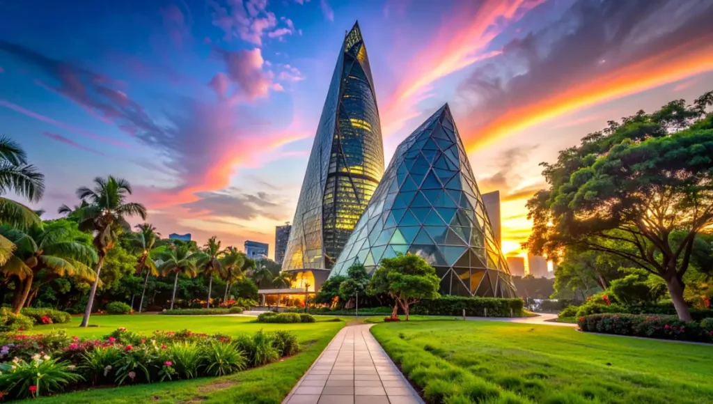 Ultra-realistic architectural photograph of Nuvira Space's Neural-Shell tower in Singapore, a 310-meter futuristic skyscraper with parametric smart glass facade featuring electrochromic and transparent photovoltaic technologies, variable porosity glazing, biophilic vertical greenery, golden hour lighting highlighting dynamic tint transitions and energy-positive design for sustainable high-performance architecture.