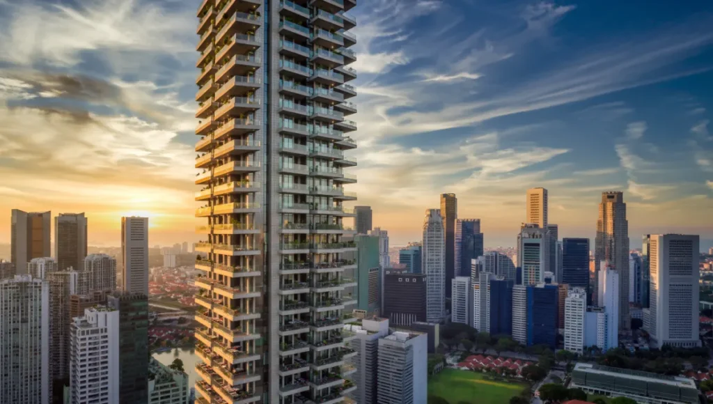 Ultra-realistic architectural photograph of Nuvira Space's NEXUS-01 futuristic vertical habitat tower in Singapore, showcasing blockchain-integrated autonomous modular design with biometric adaptive facade, algorithmic floor plates, carbon-reinforced polymer materiality, robotic fabrication details, and golden hour lighting emphasizing sustainable high-density urban architecture and d-BIM innovation.