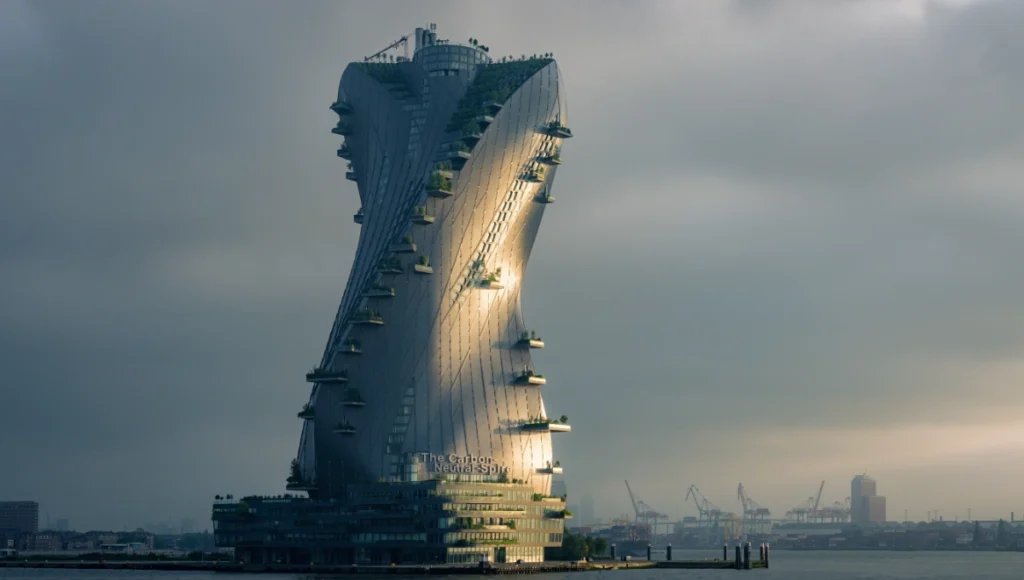 The Carbon-Neutral Spire by Nuvira Space: photorealistic architectural visualization of a twisting vertical bio-laboratory and carbon-capture tower in Rotterdam, kinetic diagrid facade with carbon-sequestering materials, AI-rendered with Veras, D5 Render, and LookX plugins for Rhino, golden-hour lighting breaking through overcast sky, tilt-shift architectural photography.