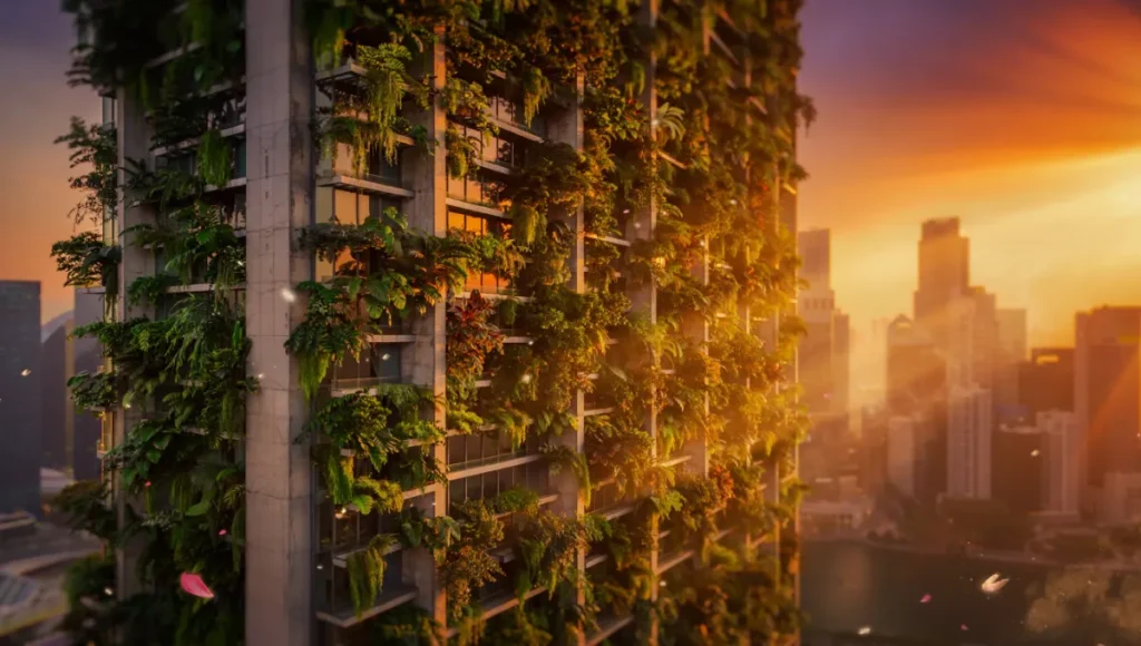 Hyper-realistic architectural photograph of Nuvira Space Vertical Canopy biophilic skyscraper in Singapore Marina South, dense tropical vertical forest facade with golden hour Komorebi sunlight, god-rays through foliage, volumetric mist, raw concrete and smart glass details, photorealistic regenerative design for urban microclimate and neuroarchitecture in high-density tropics.