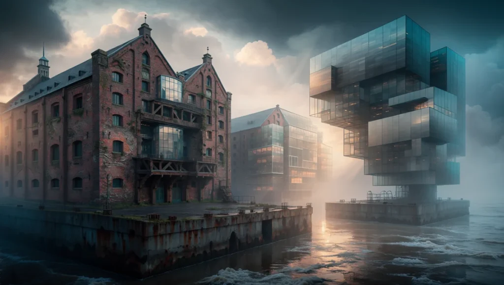 Ultra-realistic architectural visualization of Nuvira Space Rotterdam Hydro-Port Rebirth adaptive reuse project, historic brick warehouses merged with modern glass additions in volumetric fog and rainy harbor atmosphere, photorealistic VR-ready walkthrough rendering with Nanite geometry, Lumen dynamic lighting, and wet material textures for immersive architectural simulation.