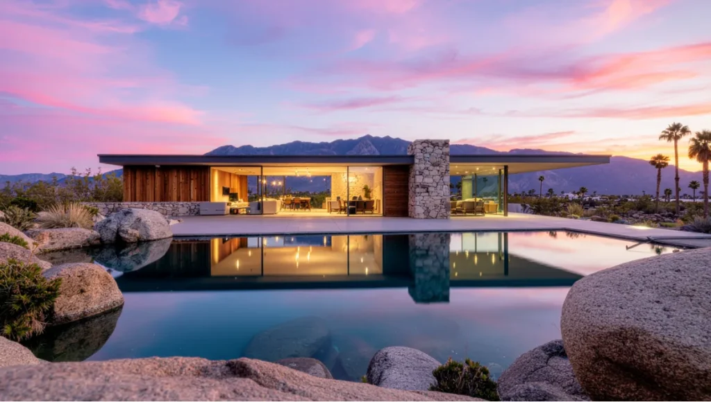 Edris House by E. Stewart Williams at Valentine’s Day sunset 2026, Palm Springs desert modernism showcasing boulder integration, knotty pine cladding, local stone, and iconic mountain-carved pool reflecting the sky.
