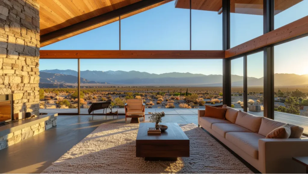 Interior living space of the Edris House by E. Stewart Williams, Palm Springs midcentury modernism highlighting warm knotty pine walls, Douglas fir ceilings, floor-to-ceiling glass framing desert views, and site-responsive post-and-beam structure.
