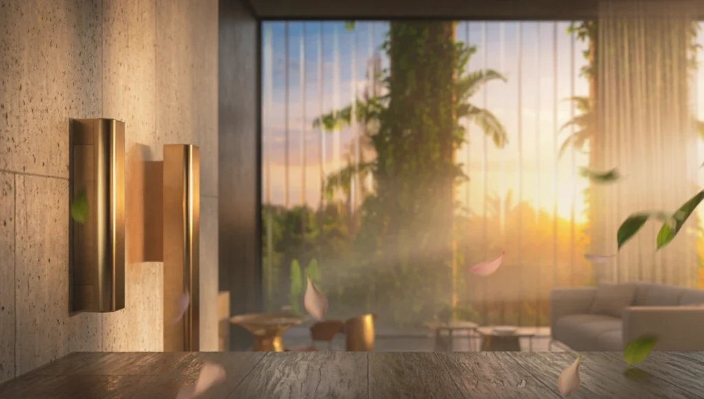 Hyper-realistic cinematic interior photograph of regenerative luxury penthouse with biophilic vertical garden view through smart glass, golden hour natural lighting, ray-traced global illumination, raw concrete, brushed brass, and weathered oak textures, shallow depth of field 50mm lens, photorealistic neuroarchitecture and storytelling in modern urban residential design.