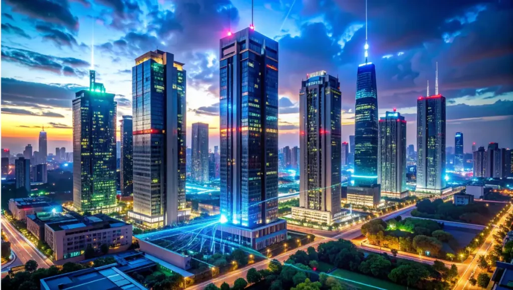 Ultra-realistic architectural photography of smart city digital twin infrastructure with parametric flux data overlays, real-time IoT sensor integration on modern towers, structural health monitoring and thermal swarm management visualization in sustainable urban design.