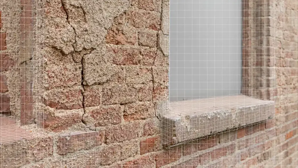 High-fidelity photogrammetry scan detail of weathered historic masonry architecture facade with optimized mesh, normal mapped textures, and polarizing filter capture, ultra-realistic architectural photography under diffused overcast light, sharp focus on material decay and structural truth for BIM integration and digital twin workflows in AEC.