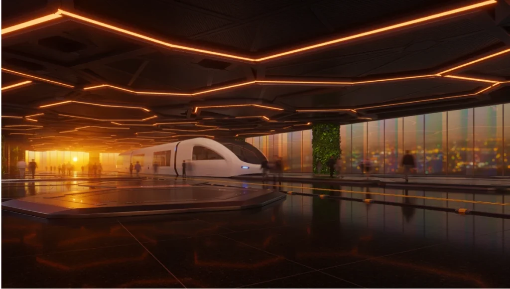 Next-generation hyperloop station interior design featuring tessellating hexagonal carbon fiber platforms, magnetic levitation pod docking bay, circadian LED lighting, and adaptive kinetic glass facade — ultra-realistic architectural visualization of future urban transit infrastructure.