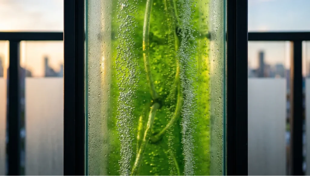 Extreme close-up macro photograph of a single algae bio-curtain photobioreactor panel in operation — living microalgae culture circulates as a luminous green suspension with rising compressed-air bubbles visible through the transparent glass face, demonstrating active CO2 sequestration and biomass production in a residential facade system at dawn.