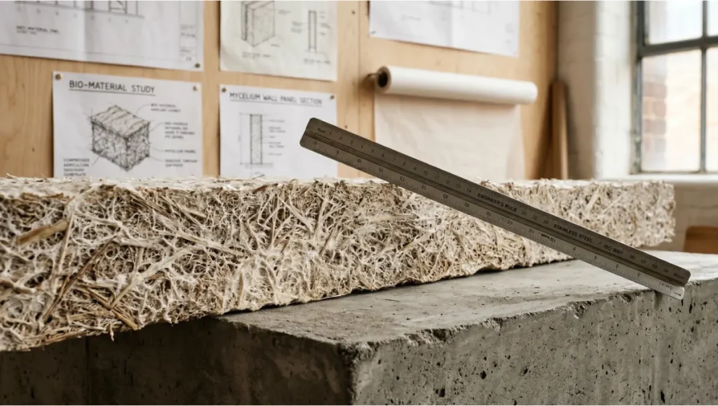 Close-up macro photograph of a mycelium composite building panel surface showing hyphal fiber networks and straw substrate texture, used in sustainable architecture and carbon-negative building envelope design, 2026