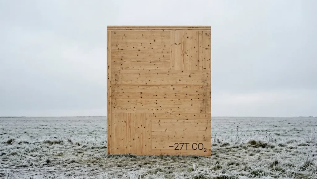 A freestanding 5-ply cross-laminated timber panel photographed against a flat Nordic winter sky in an open field — raw CLT grain visible across the full panel face with a laser-etched carbon sequestration figure reading minus 27 tons CO₂, representing the carbon-negative lifecycle performance of CLT construction in small residential homes by 2030.