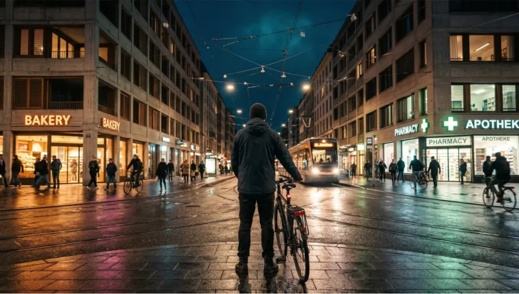 Night-time urban intersection in a walkable mixed-use city district — a lone cyclist stands at the threshold of an active pedestrian street with smart sensor infrastructure overhead and warm commercial ground-floor lighting, visualizing the 15-minute city concept at human scale in 2030