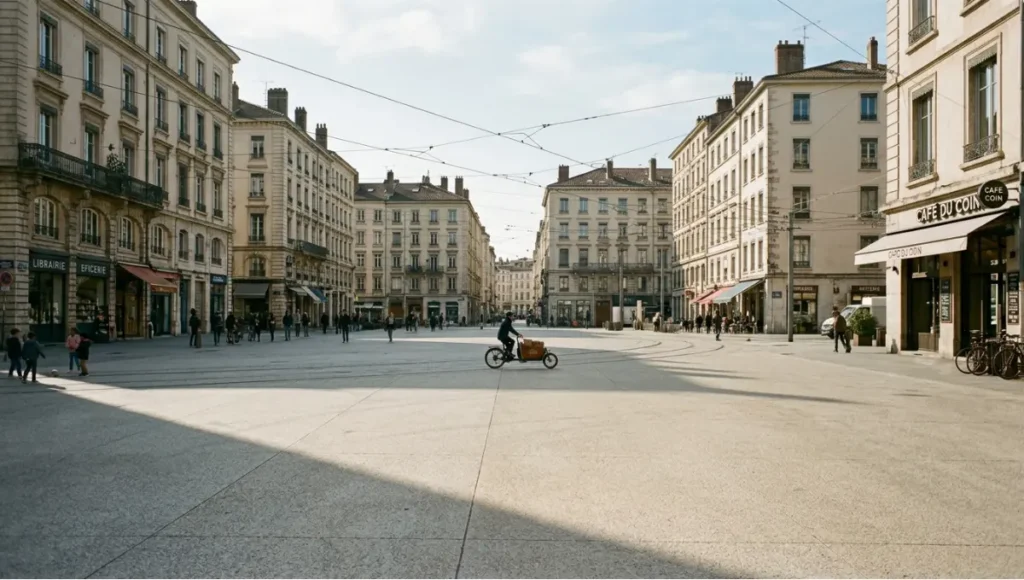 Cargo bike courier crossing a car-free urban district plaza surrounded by mixed-use buildings with active ground floors — editorial architectural photography illustrating pedestrian-first city design and last-mile freight logistics in a 2026 car-free neighbourhood.
