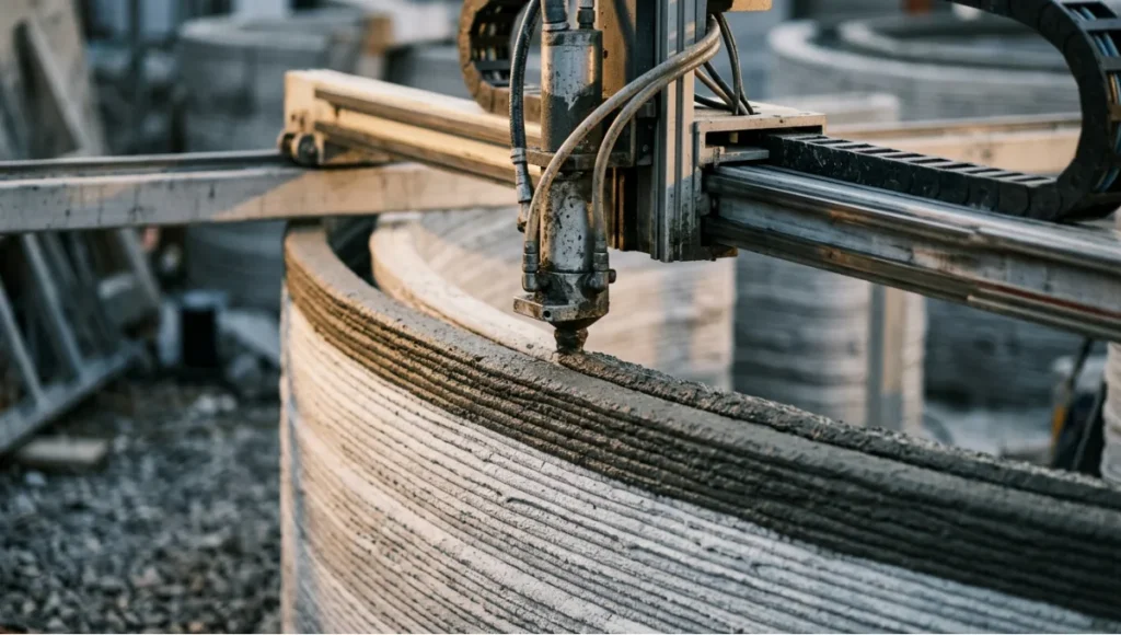 Close-up macro photograph of a robotic concrete gantry printer mid-extrusion depositing a 50mm raw concrete filament in precise horizontal layers during 3D printed concrete home construction, shot on 85mm f/1.4 with cinematic tungsten side-lighting at 3200K, printhead in sharp focus with wall layers receding into bokeh, graphite and warm amber color palette illustrating algorithmic fabrication precision in additive architecture
