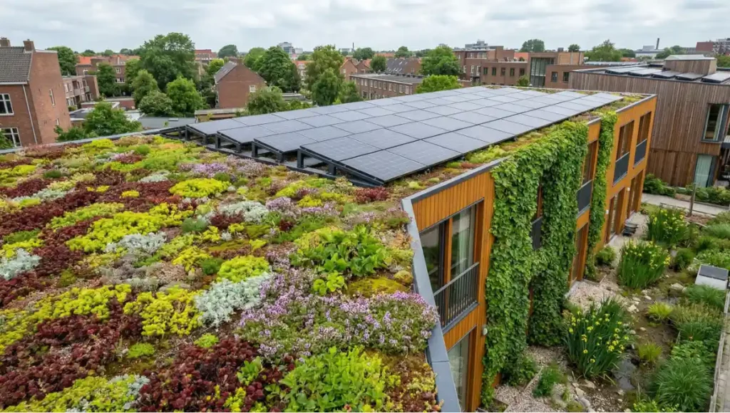 Aerial view of a carbon-negative home's living systems — sedum green roof with stonecrop and wild thyme, flush-integrated photovoltaic panels, Boston ivy vertical planted facade, and a native rain garden at ground level, demonstrating active post-occupancy carbon sequestration strategies in regenerative residential architecture.
