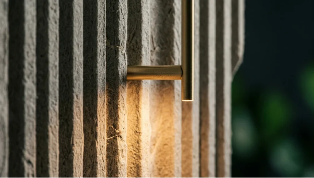 Macro close-up of CNC-fluted mycelium composite wall panel with brushed brass sconce in a Neo Deco 2026 living room — illustrating proprioceptive tactile materiality and biological sovereignty in Nuvira Space's Sublime Revival neuro-architectural interior design philosophy.