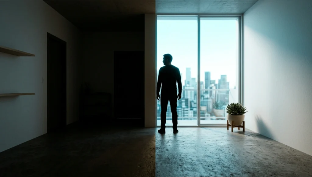 Human silhouette standing at the boundary between daylight and shadow in a minimal 30-square-meter urban apartment — one half of the interior flooded with cyan-tinted 6500K morning light from a large window, the other half in deep shadow, illustrating the contrast between circadian-adequate and light-deficient compact living environments — small apartment natural light deficit, biological health impact of inadequate daylight in urban housing