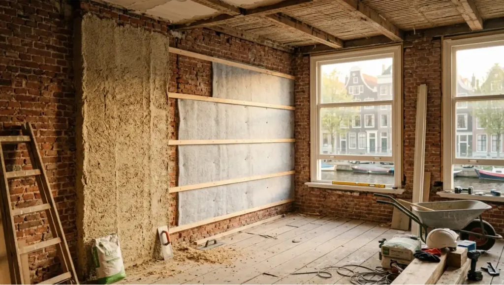 Amsterdam canal house interior retrofit showing hempcrete spray application and aerogel fibrous composite layers in the Carbonite Wall concept study by Nuvira Space