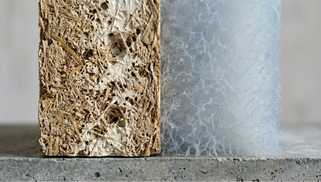 Cross-section wall detail comparing 300mm hempcrete and 50mm aerogel insulation materials side by side, architectural photography