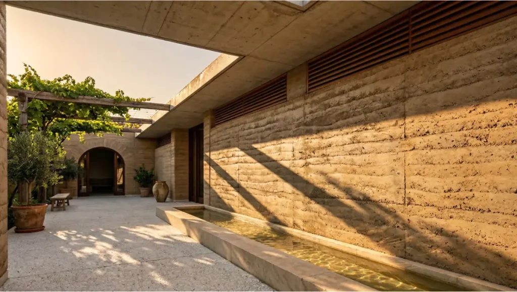 Architectural cutaway diagram of a passive cooling Mediterranean home showing all 5 techniques simultaneously — thermal mass walls, solar shading overhang, evaporative courtyard, stack effect ventilation, and high-SRI reflective lime wash exterior — isometric cross-section illustration for regenerative residential design.