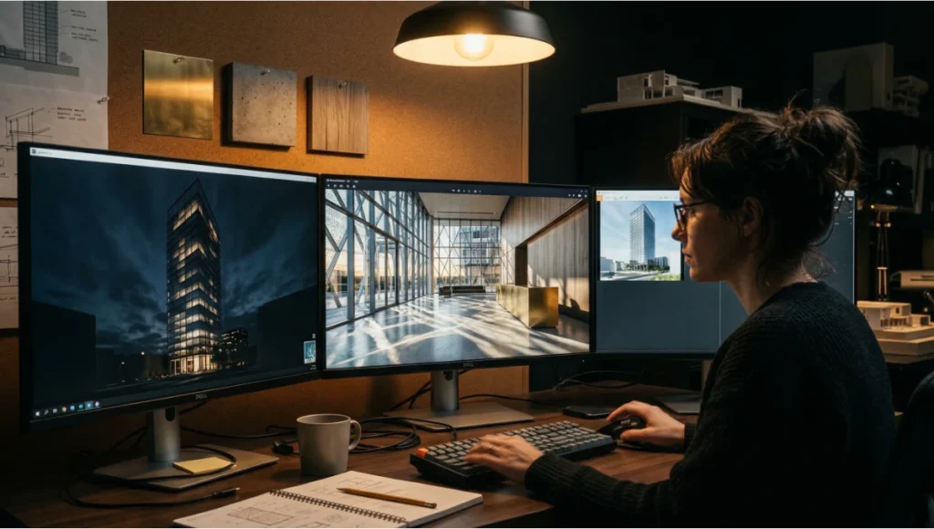Architectural visualization artist comparing Lumion vs Enscape vs D5 Render on triple monitor workstation at night — real-time rendering workflow for commercial architecture projects in 2026