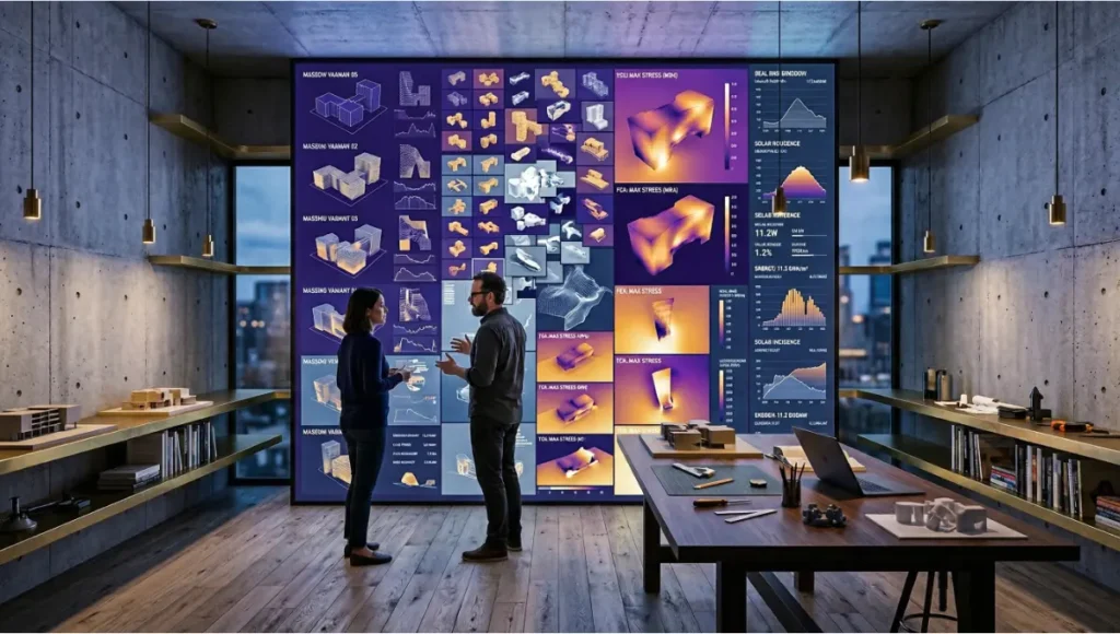 Architects using AI architecture design tools in a parametric design studio, with generative massing variants and real-time energy simulation data displayed on a computational wall — raw concrete, brushed brass, and weathered oak interior, cinematic lighting, 2026.