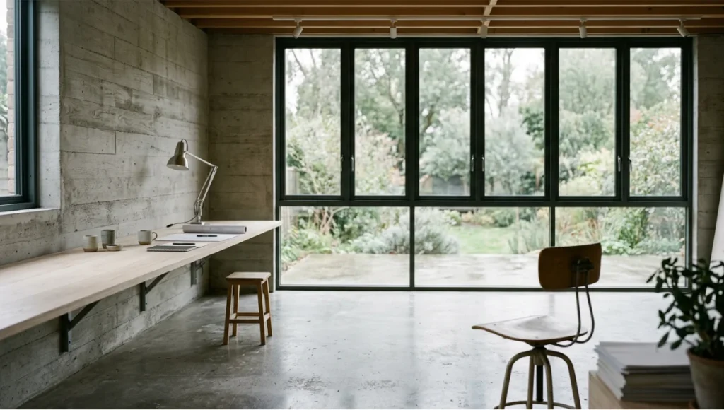 Garage conversion studio space with glazed wall and polished concrete floor, north light