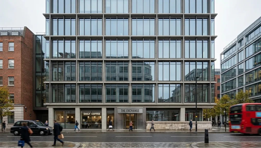 Ultra-realistic architectural rendering of a contemporary mixed-use building with BIM-accurate geometry, showcasing precise curtain wall façade, aligned fenestration patterns, raw concrete structural elements, and diffused daylight lighting typical of AI-assisted schematic development stage visualization