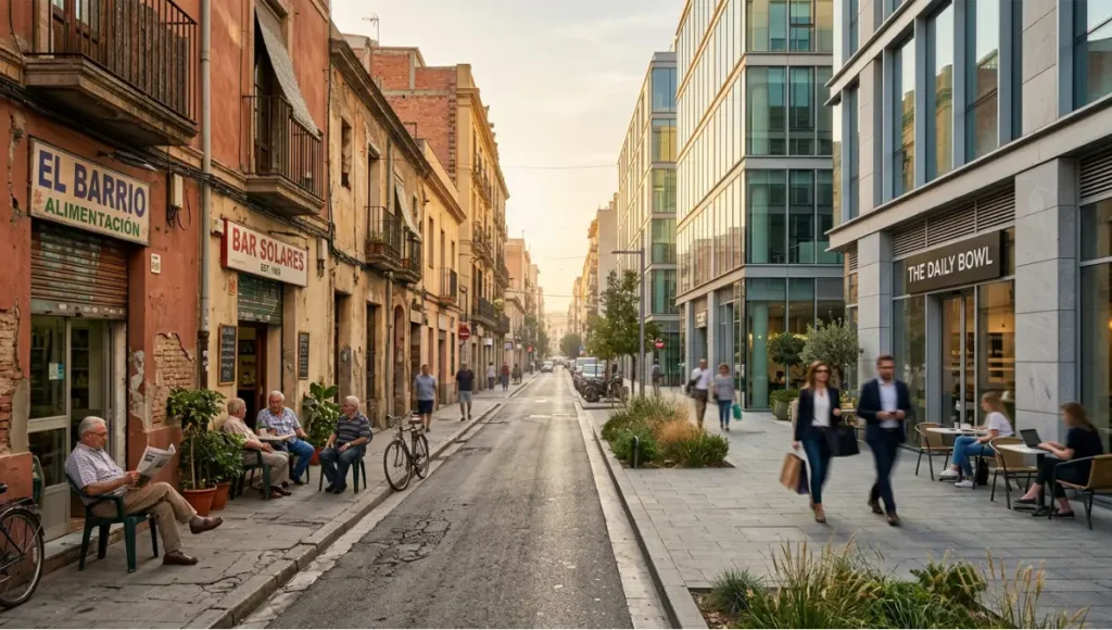 Ultra-realistic architectural street scene showing contrast between historic neighborhood and modern gentrified development, featuring weathered facades, glass buildings, and urban displacement dynamics during golden hour lighting