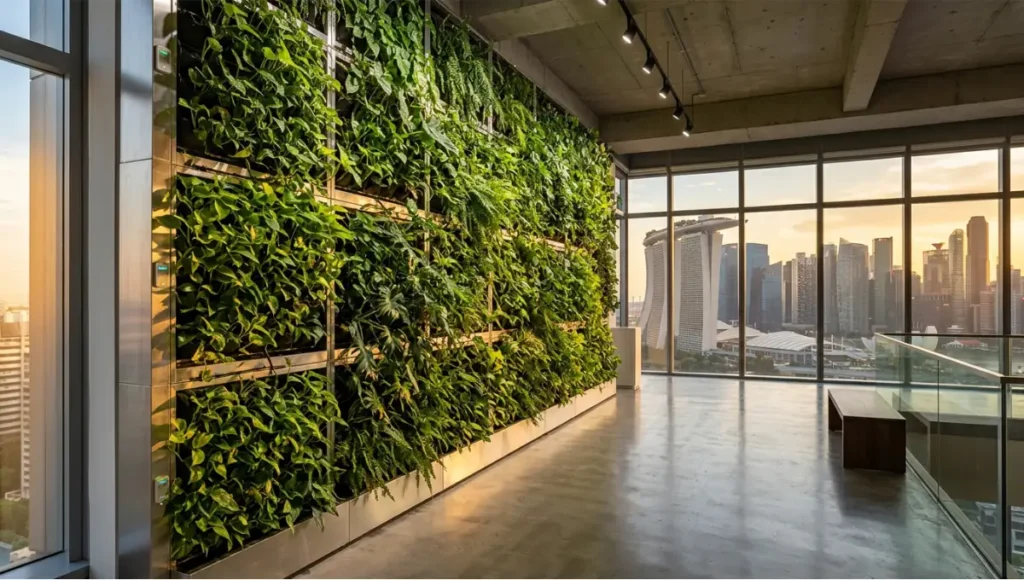 Active biofilter living wall in Singapore office interior — living walls indoor air purification installation with Epipremnum aureum and aluminium panel frames