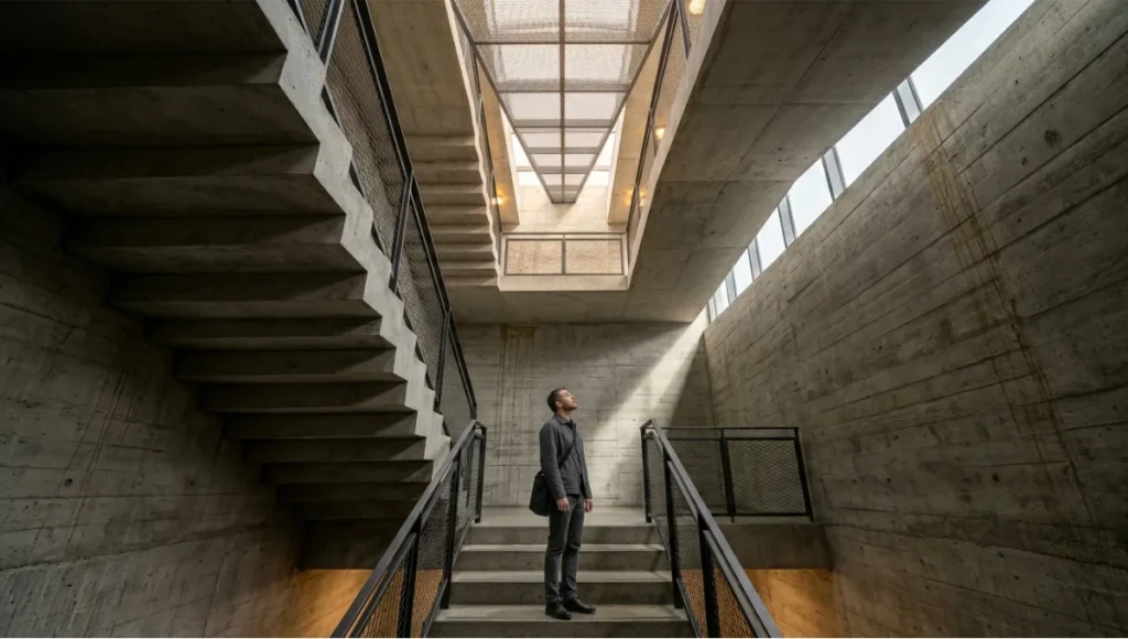 Architectural photography composition example showing 1-point perspective in a board-formed concrete stairwell — human figure at golden-section placement demonstrating scale, shadow-edge leading lines, and negative space technique for beginners