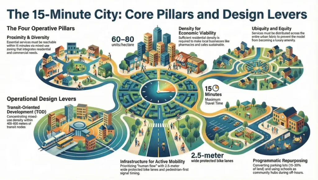 The 15-Minute City: Core Pillars and Design Levers